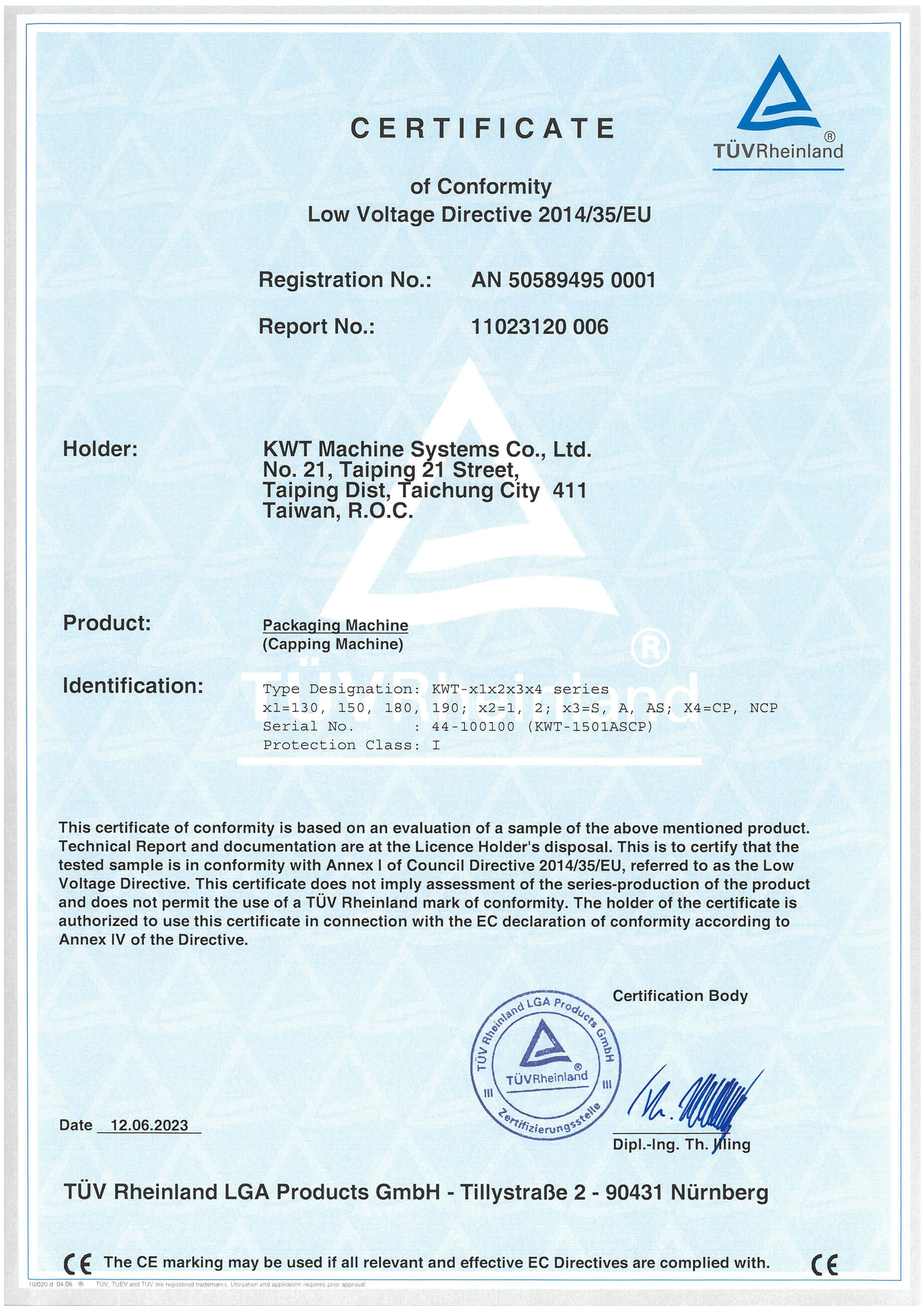 2011 CE Certificate for Capper